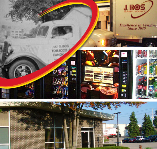 A collage of images, including old and new J Bos vending machine service trucks, vending machines, and the business exterior.