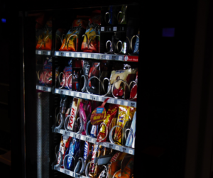 Internet connected vending machine, darkly lit