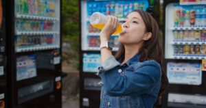 Vending machine placement is vital to improved success, specially when you can have multiple machines at one locale. A woman drinks orange soda she got from a vending machine.