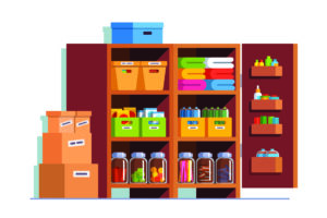A pantry market graphic with canned items, fresh produce and bread.